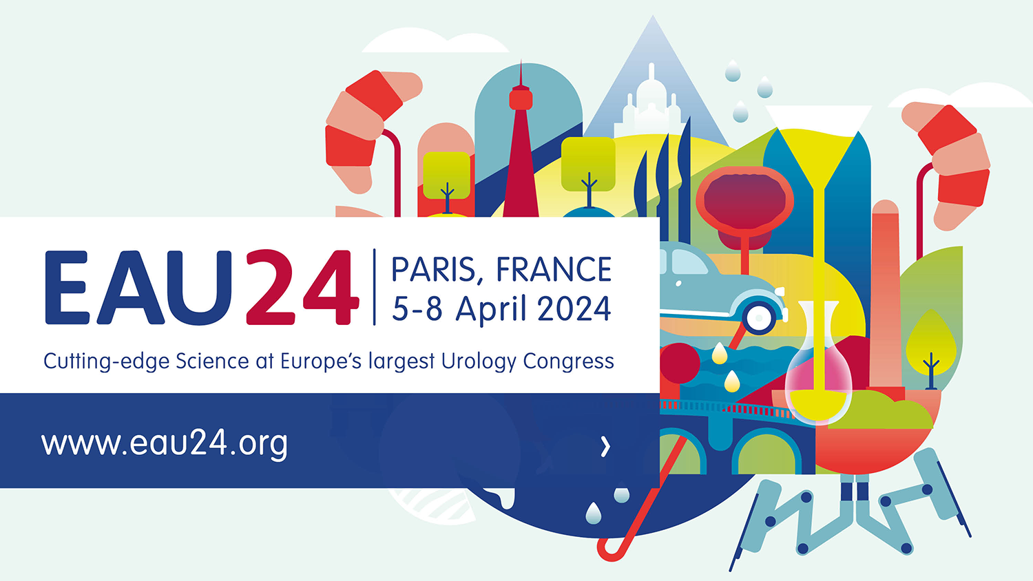Banner zur EAU 2024 mit Veranstaltungsort "Paris, France", Veranstaltungszeit "5. bis 8. April 2024" und dem Slogan "Cutting-edge Science at Europe's largest Urology Congress"