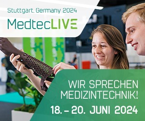 Eine Frau zeigt das Modell einer medizinischen Armprothese. Dazu Logo der MedtecLIVE, Veranstaltungsort Stuttgart und die Dauer vom 18. bis 20. Juni 2024 sowie dem Slogan "Wir sprechen Medizintechnik"